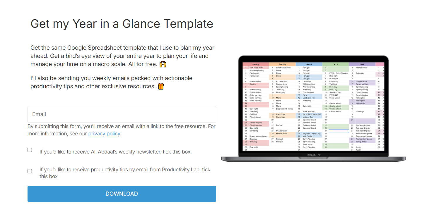 Ali Abdaal's template download form for productivity planning, with an email field and optional newsletter subscription checkboxes.